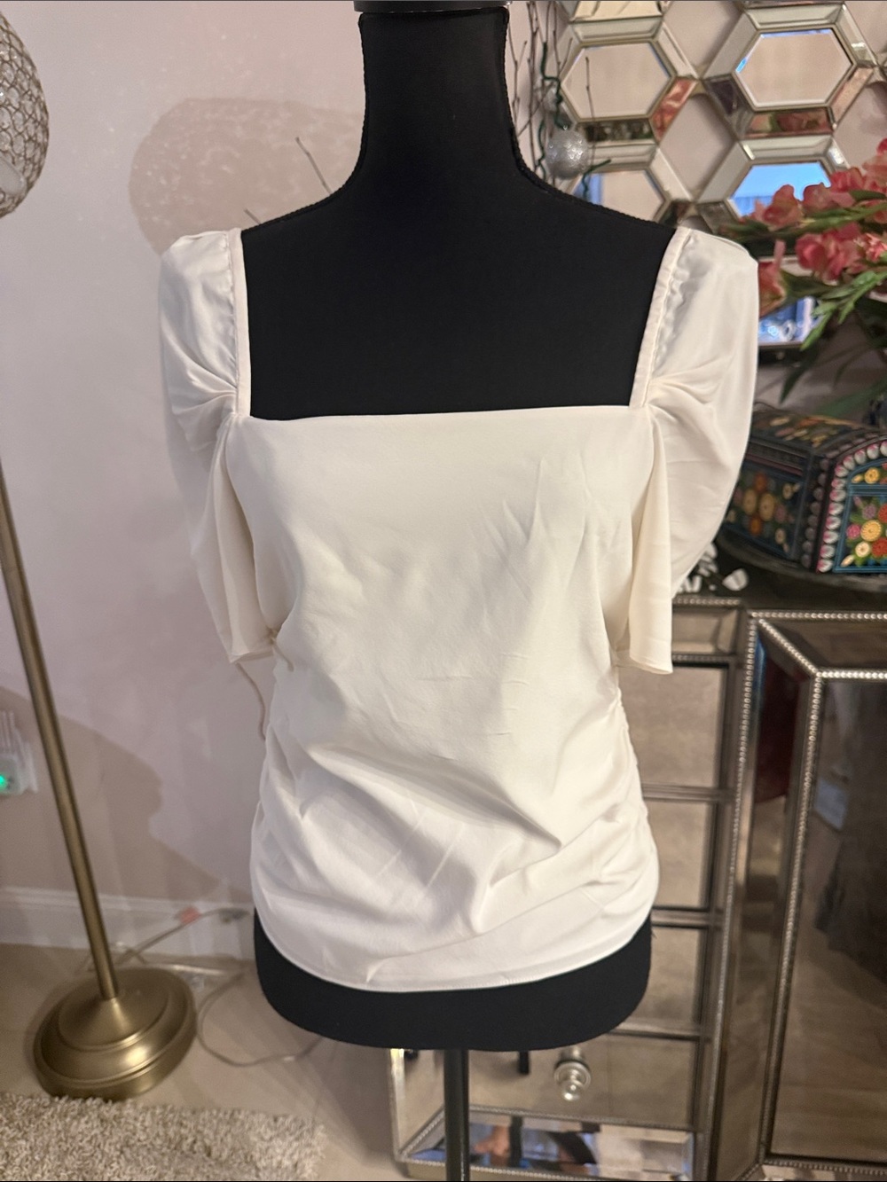 Frame Denim Cream Square-Neck Puff Sleeve Blouse SP